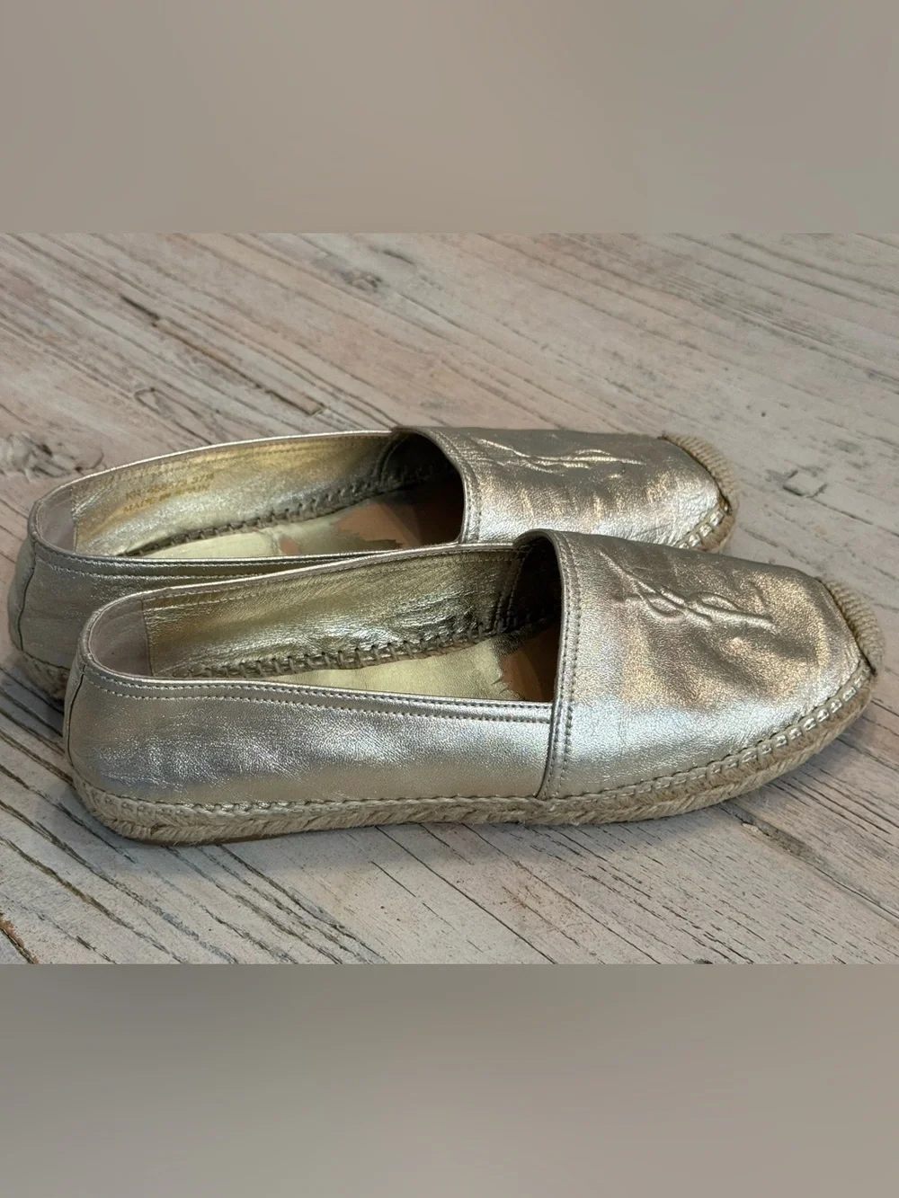 Yves Saint Laurent Gold Leather Monogram Espadrilles size 37.5